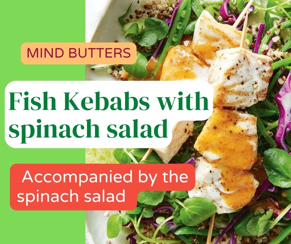 Fish Kebabs with spinach salad